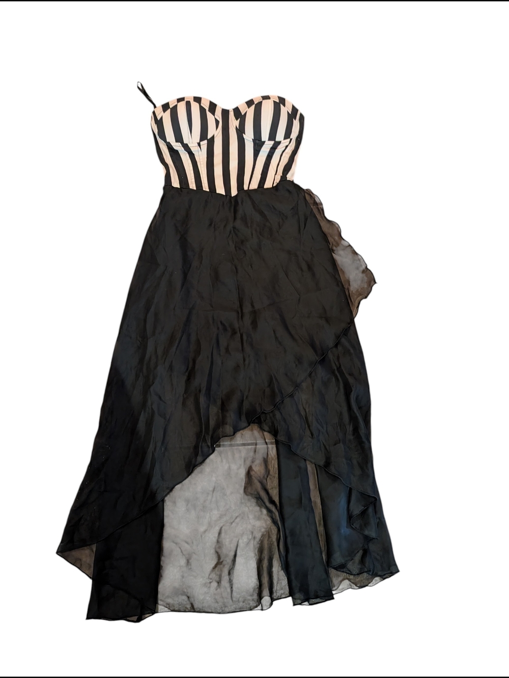 Black High-Low Strapless Dress with Cream and Black Striped Bodice